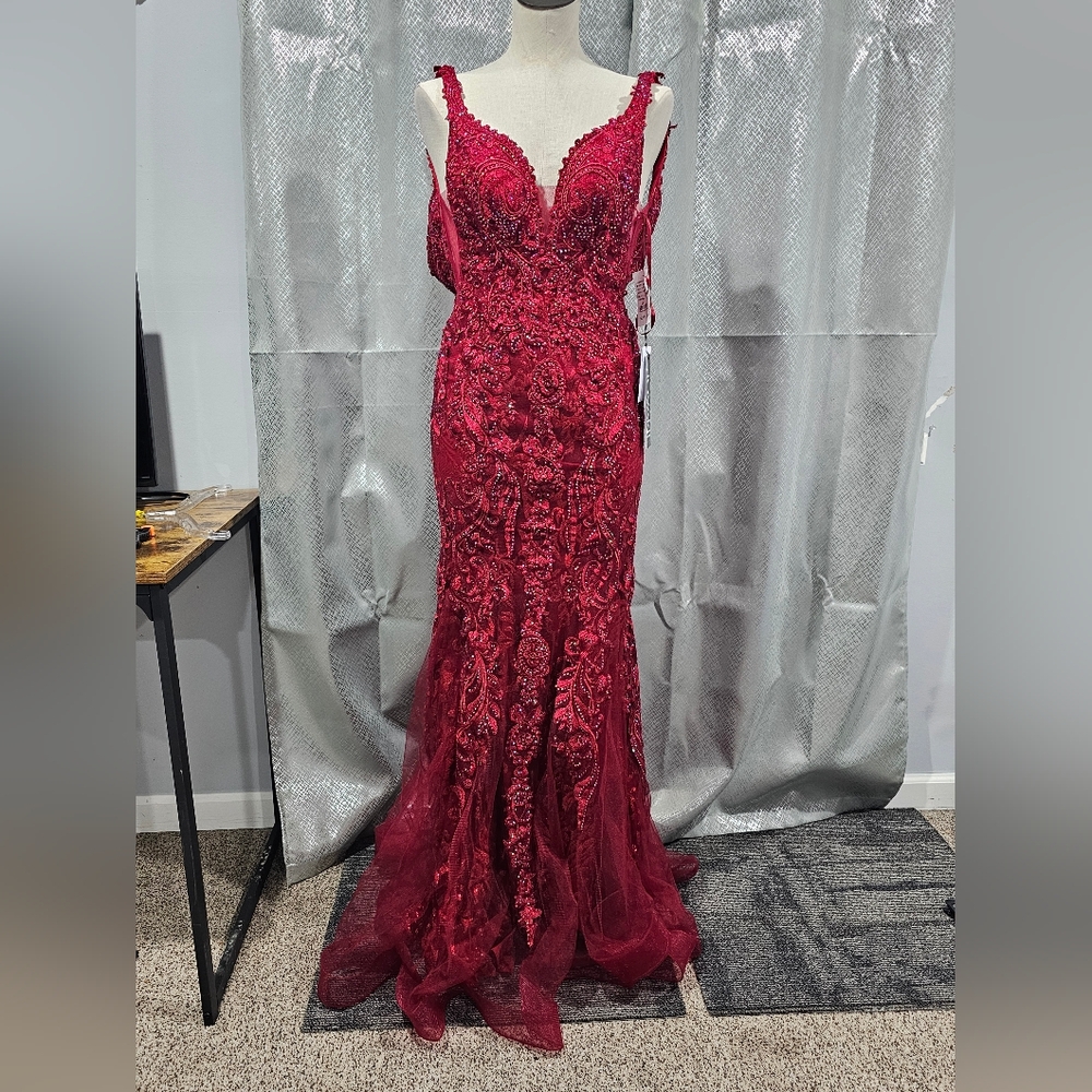 Camille La Vie Red Lace Evening Gown
